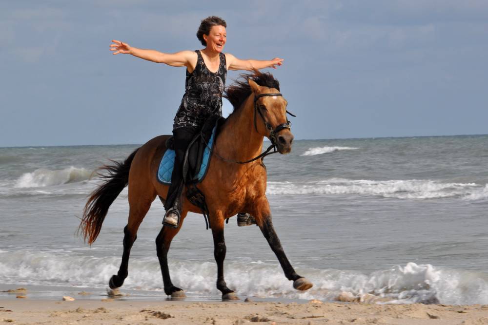 Freude mit Pferd am Strand